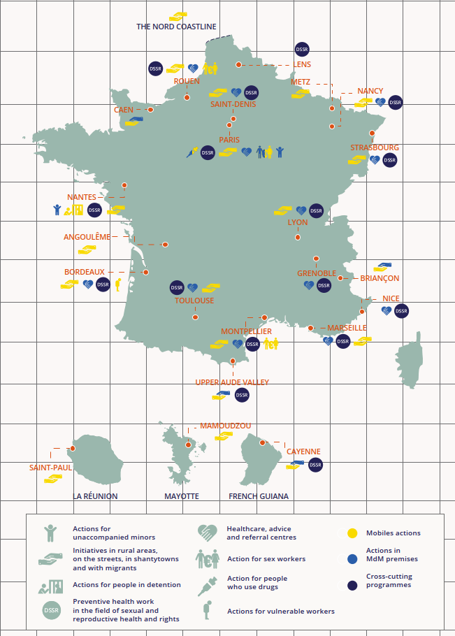 Locations of Médecins du Monde health centres across France (2024)